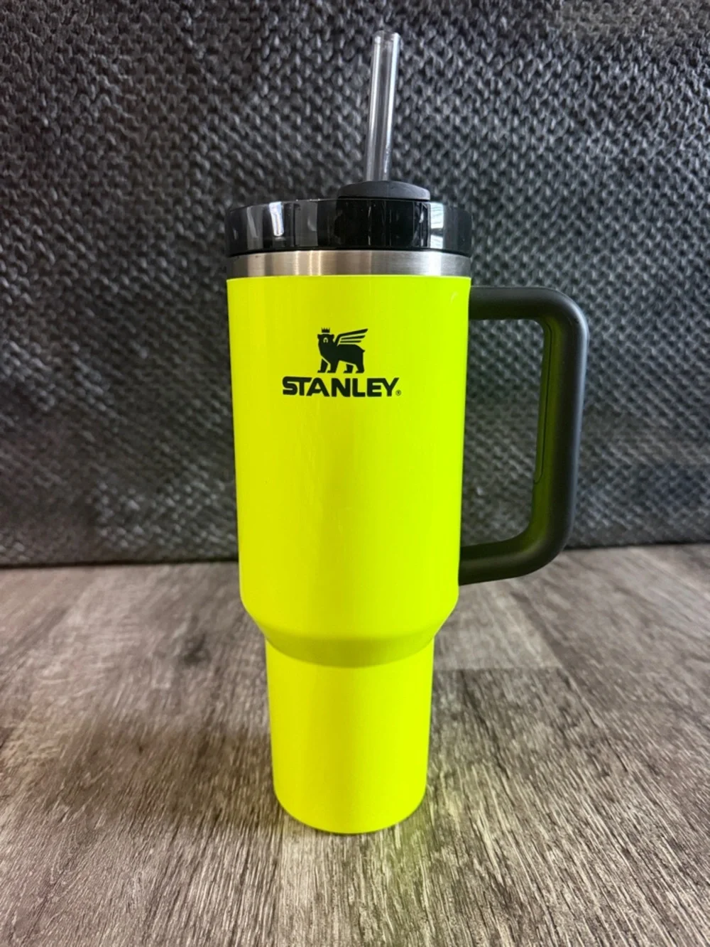 Stanley Neon Yellow Travel Tumbler with Black Handle and Clear Straw - Picture 1 of 2